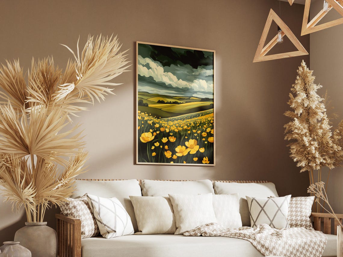 Buttercup Field Under Moody Clouds Golden Meadow Scene Poster - Image 3