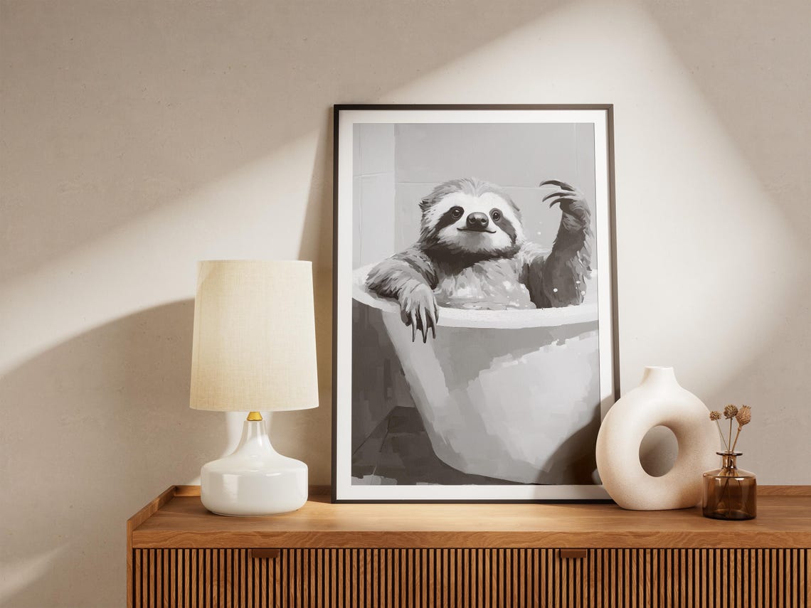 Sloth Taking A Bubble Bath Poster Print Funny Animal Bathroom Wall Art Minimalist Cute Gift - Image 4