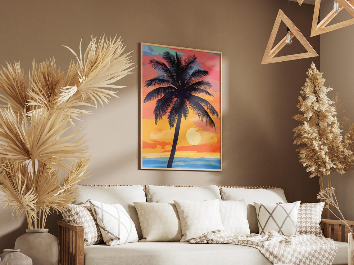 Palm Tree Sunset Silhouette Tropical Beach Ocean Art Sunny Poster - Image 3
