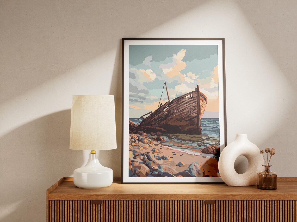 Beached Wooden Shipwreck on Rocky Shore Vintage Illustration Poster - Image 5
