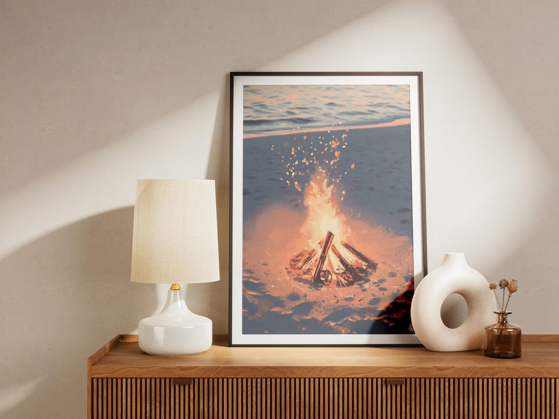 Beach Bonfire Glowing Warmly at Dusk by the Ocean Shore Poster - Image 5
