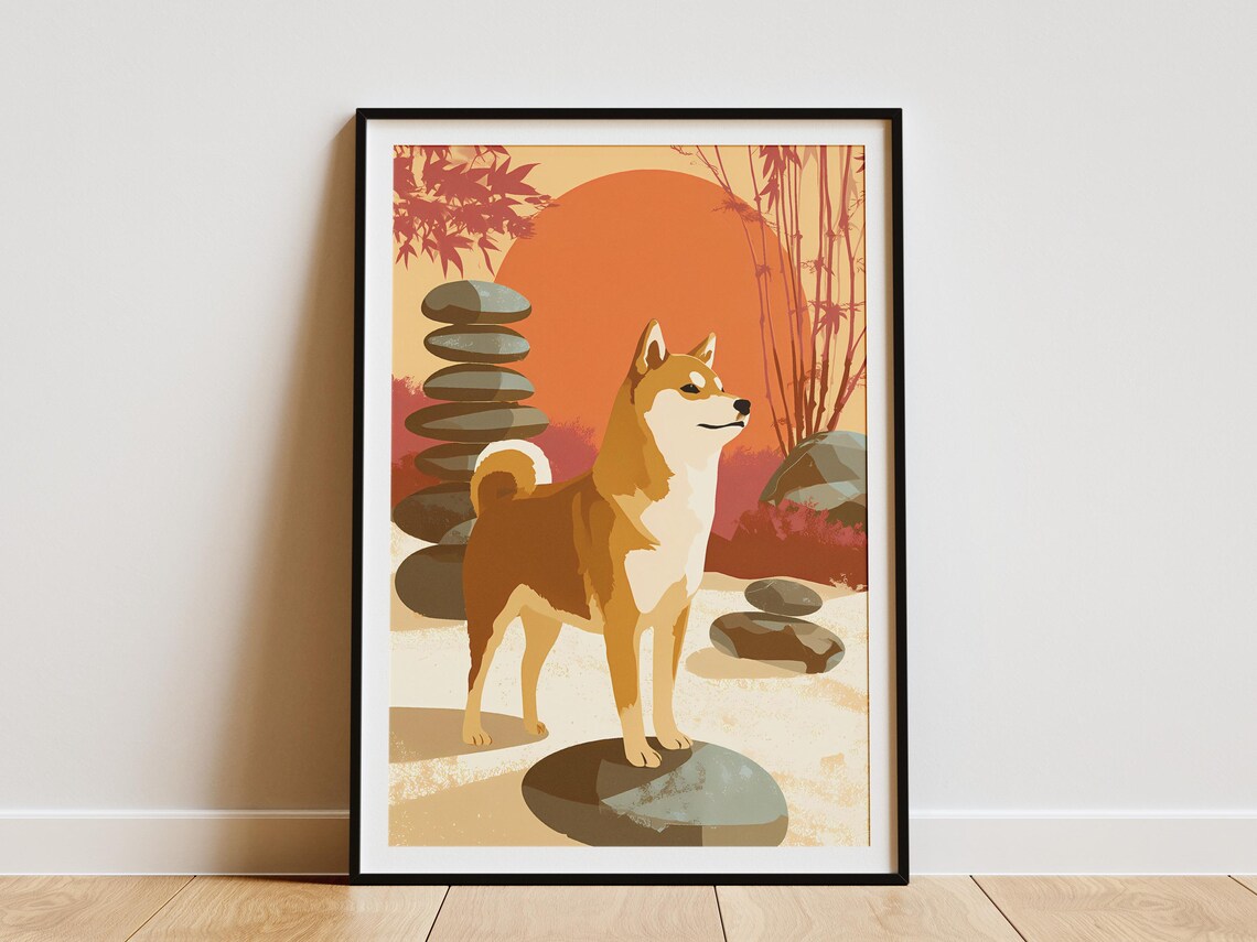 Shiba Inu in Japanese Zen Garden Red Sun Minimalist Art Poster