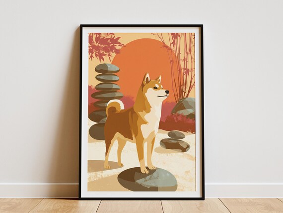 Shiba Inu in Japanese Zen Garden Red Sun Minimalist Art Poster