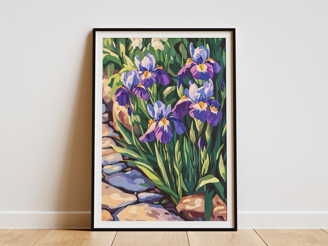 Purple Irises Beside Sunlit Stone Garden Path Colorful Floral Poster