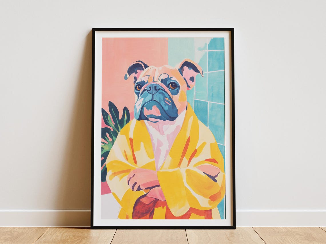 French Bulldog Yellow Bathrobe Colorful Modern Bathroom Dog Art Poster