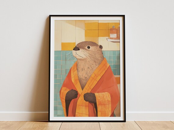 Sweet Otter In Orange Plaid Bathrobe Retro Bathroom Fun Poster