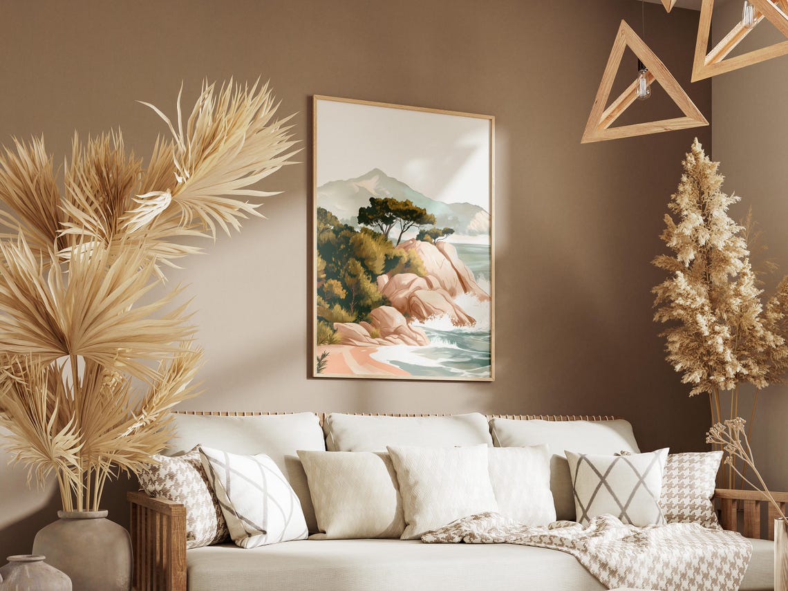 Rocky Coastal Cove Pine Trees Mountain Shore Illustration Poster - Image 3