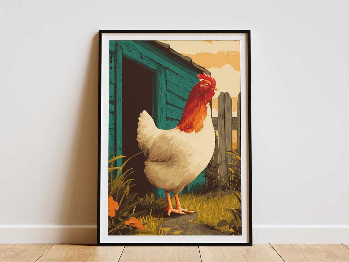 Vintage Chicken Farm Animal Art Print Rooster Hen Barnyard Travel Poster Style Wall Decor Rural Countryside Sunrise Morning Farmhouse Gift