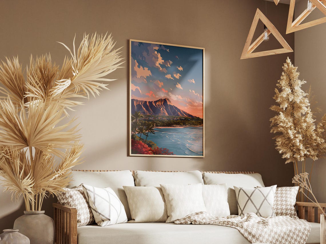 Diamond Head Honolulu Hawaii Sunrise Coast Tropical Travel Poster - Image 3
