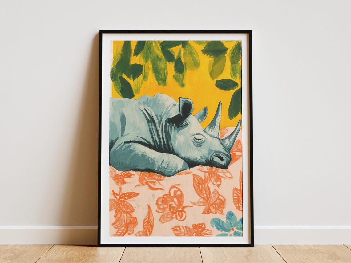 Rhino Sleeping on Floral Bed Yellow Leaves Matisse Style Poster