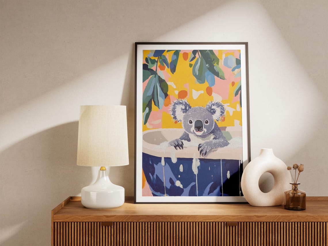 Cute Koala in Blue Bathtub Colorful Bathroom Illustration Art Poster - Image 5