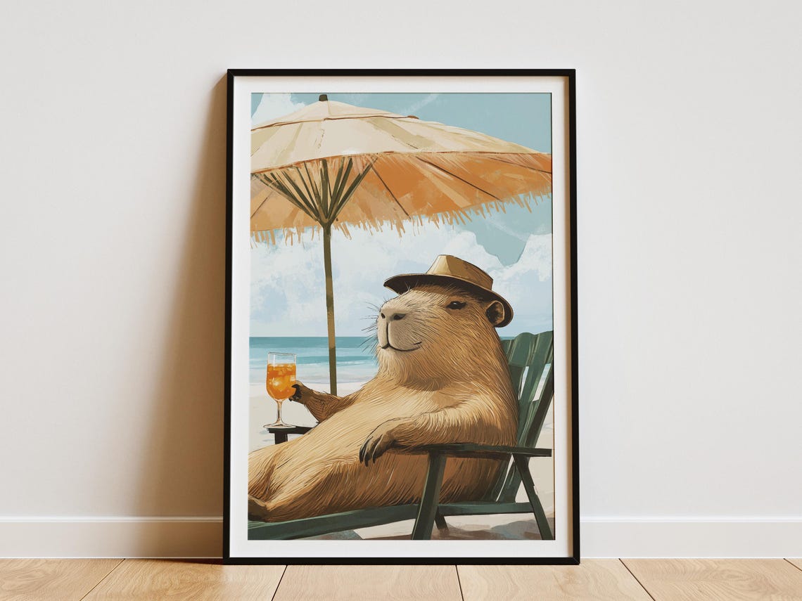 Capybara Relaxing in Beach Chair with Cocktail Funny Art Poster