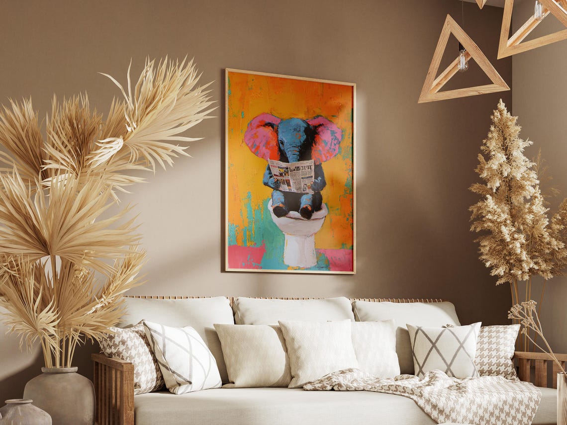 Baby Elephant on Toilet Reading Newspaper Colorful Funny Poster - Image 3