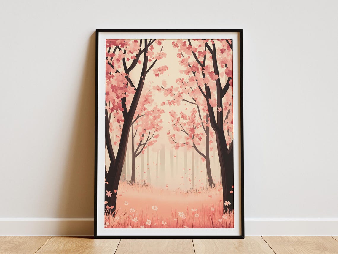 Pink Cherry Blossom Grove in Soft Misty Morning Light Art Poster