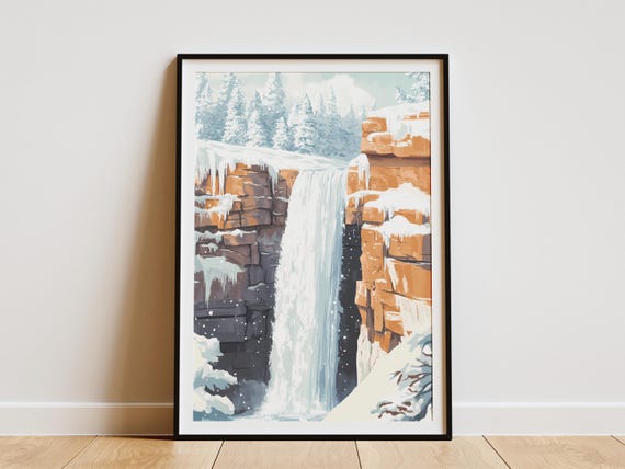 Winter Waterfall Poster Frozen Waterfall Print Snowy Landscape Wall Art Nature Decor Ice Waterfall Illustration Winter Woods Print Cold