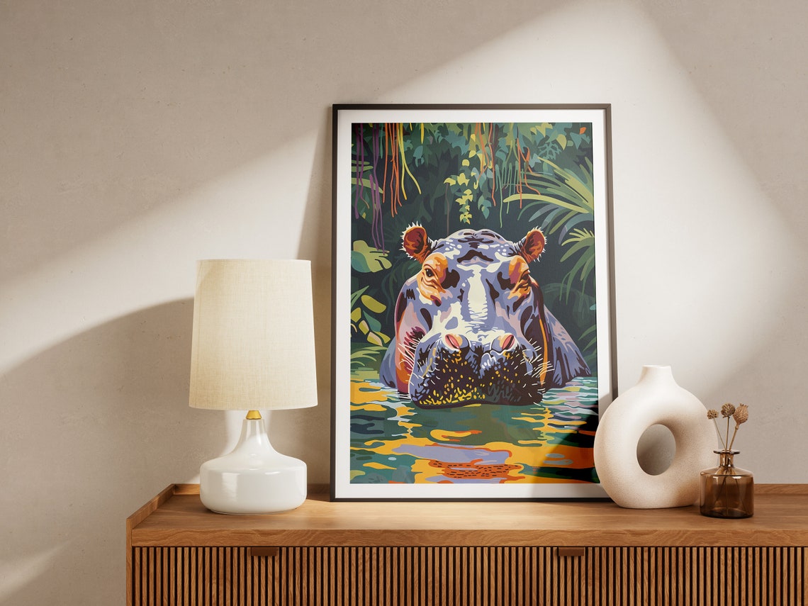 Hippopotamus Emerging from Jungle River Watercolor Art Poster - Image 2