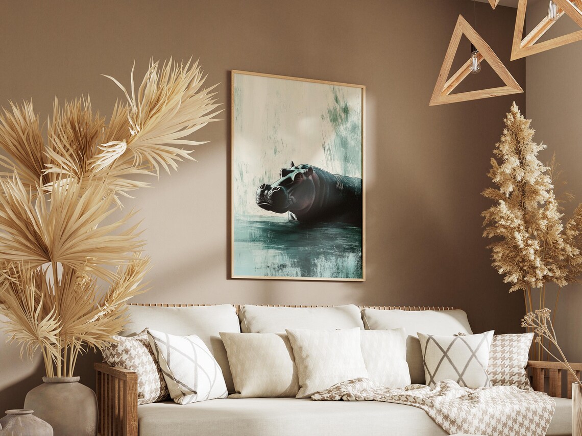 Hippopotamus Minimal Ink Style River Safari Wildlife Art Poster - Image 3