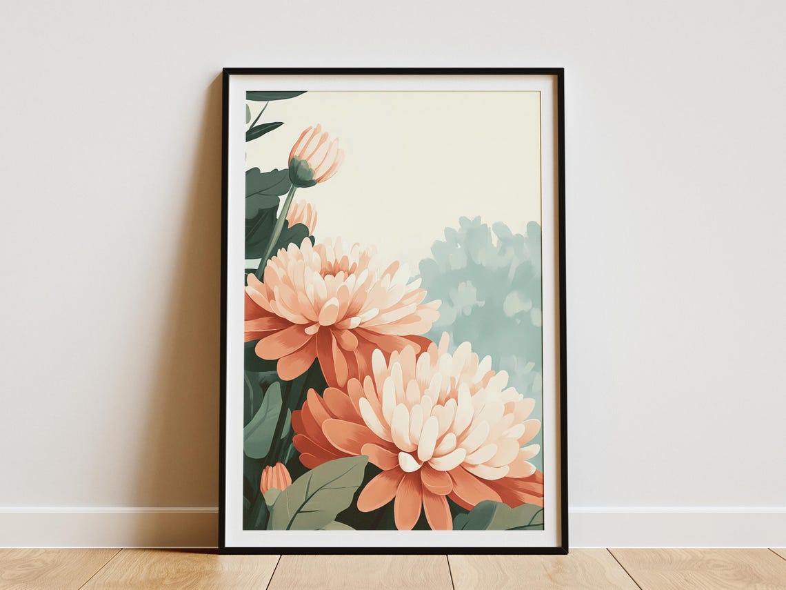 Peach Chrysanthemum Blossoms in a Botanical Illustration Poster