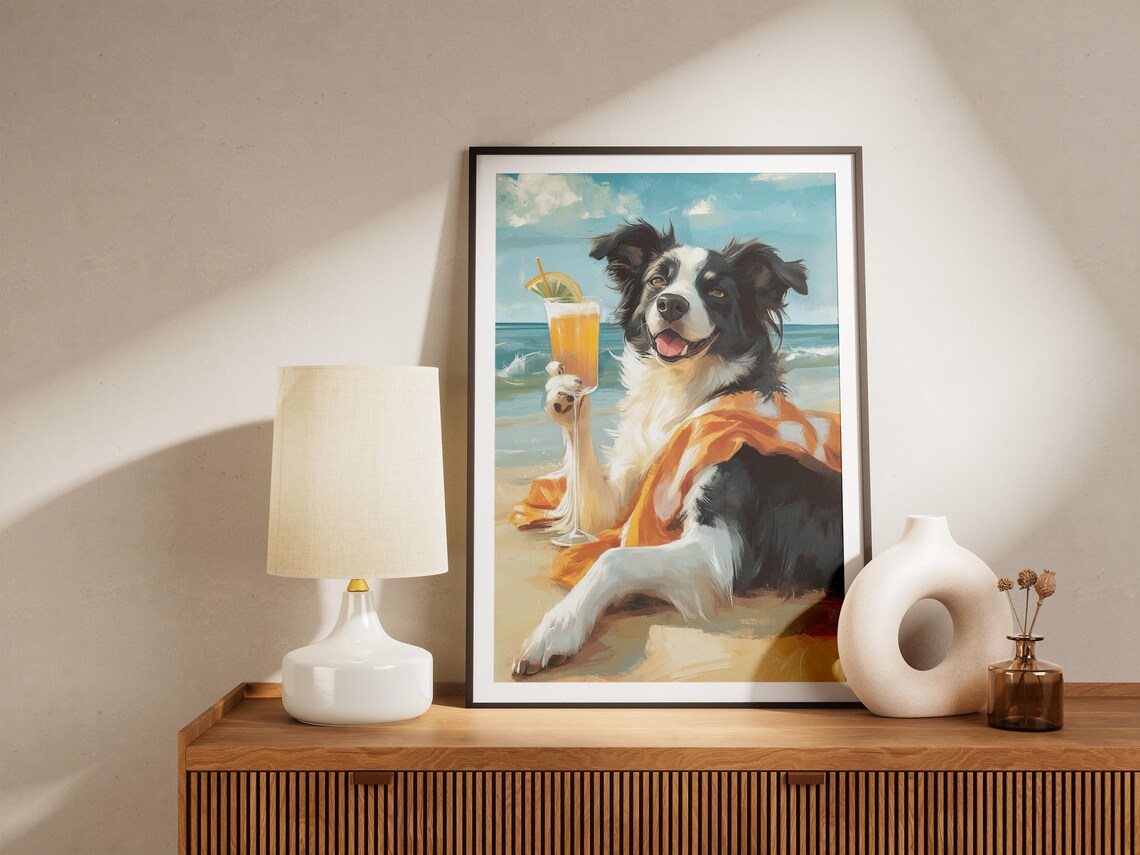Beach Dog Poster Border Collie Cocktail Print Summer Dog Art Funny Dog Canine Art Pet Lover Gift Modern Dog Print Coastal Animal Decor - Image 5