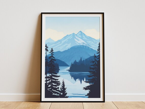 Snowy Mountain Peaks Rising Over Still Lake and Pine Forest Poster