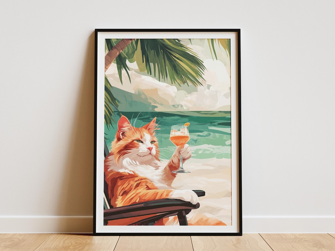 Fluffy Orange Cat Lounging In Beach Chair With Cocktail Poster