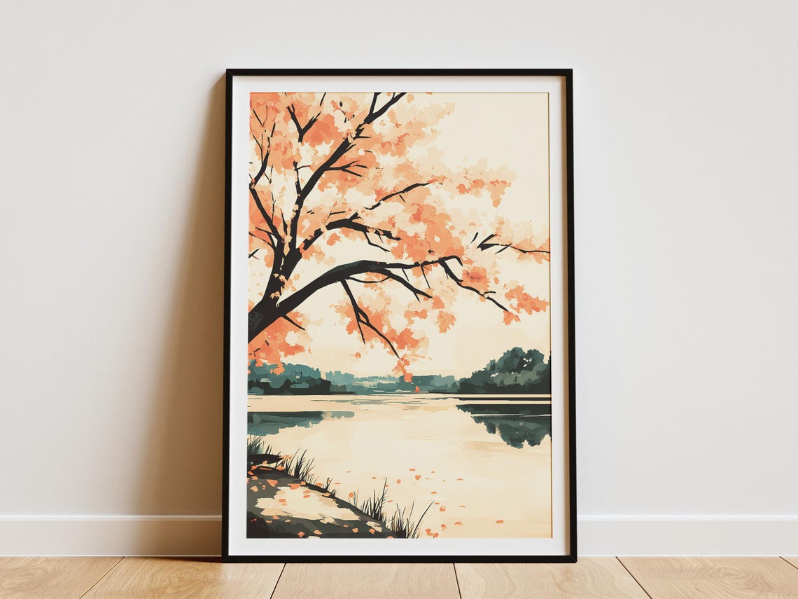 Blooming Peach Blossom Tree Over Still Lake In Spring Landscape Poster
