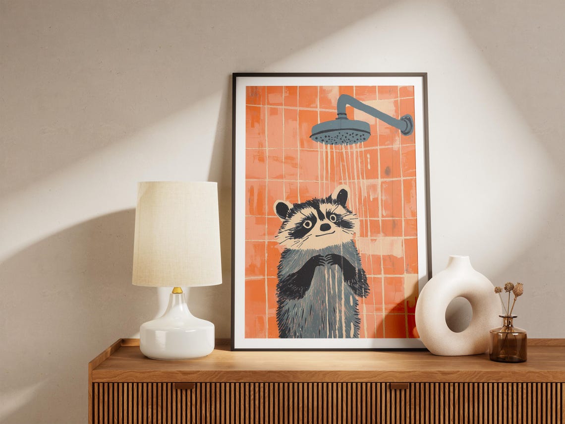 Funny Raccoon Taking a Shower Retro Orange Tile Bathroom Poster - Image 5