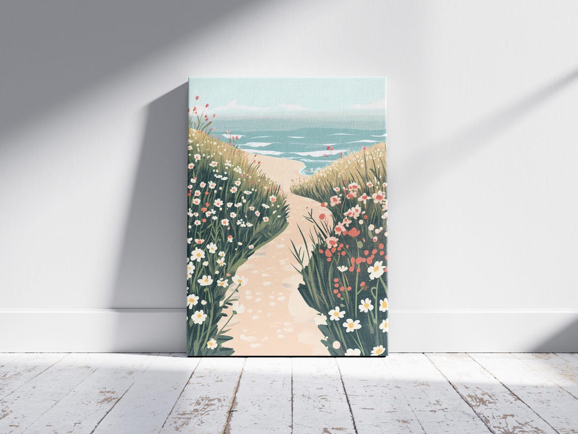 Daisy Meadow Path Ocean View Serene Beach Scene Artwork Poster - Image 2
