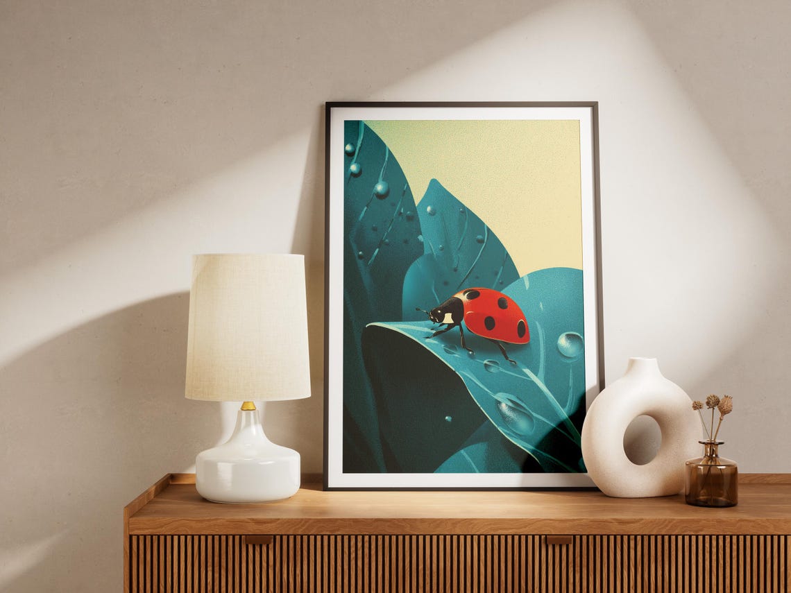 Vibrant Ladybug Dewdrop Leaf Print Modern Nature Wall Art Poster Charming Insect Illustration Botanical Garden Theme - Image 4