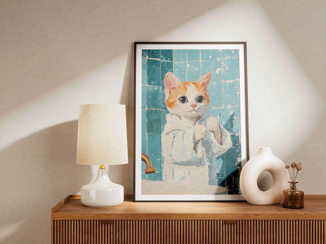 Orange White Kitten in Fluffy White Robe Spa Day Cat Art Poster - Image 4