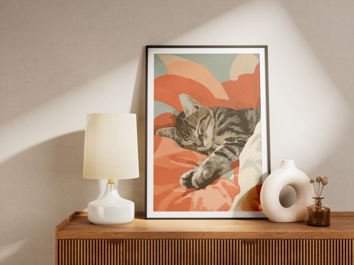 Sleeping Maine Coon Kitten On Warm Terracotta Abstract Art Poster - Image 4