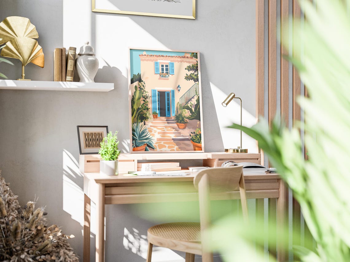 Sunny Mediterranean Villa with Blue Shutters Travel Art Poster - Image 2
