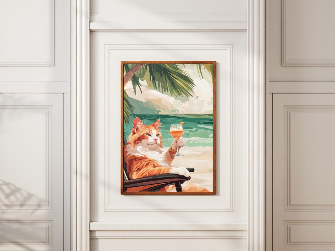 Fluffy Orange Cat Lounging In Beach Chair With Cocktail Poster - Image 2