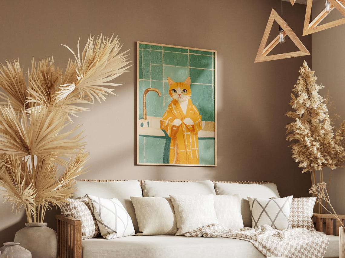 Orange Tabby Cat in Orange Bathrobe Green Tiled Sink Art Poster - Image 3
