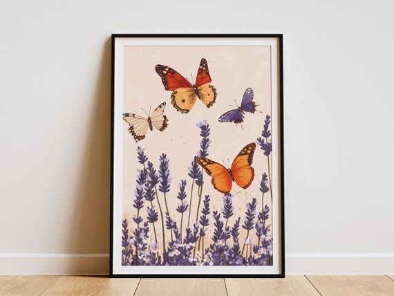 Lavender Butterfly Poster Purple Floral Print Butterfly Wall Art Insect Botanical Illustration Lavender Field Nature Art Home Decor