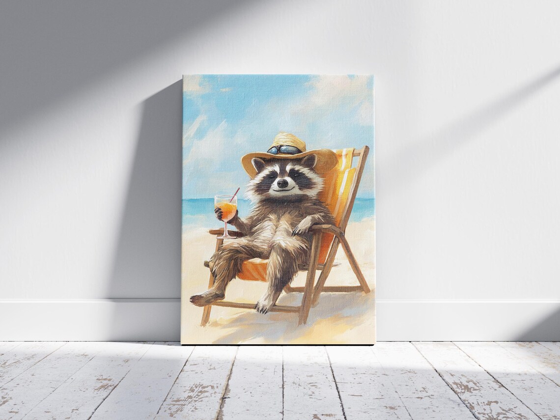 Raccoon in Beach Chair with Cocktail Summer Fun Scene Poster - Image 2