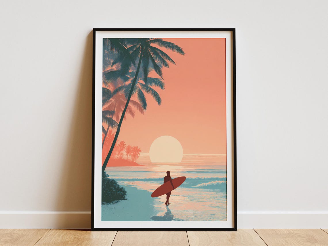Surfer Silhouette Beach Sunset Palm Tree Golden Hour Art Poster