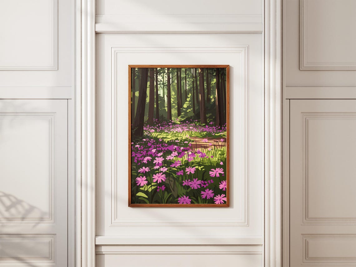 Pink Wildflowers in a Sunlit Pine Forest Clearing Poster in Spring - Image 2