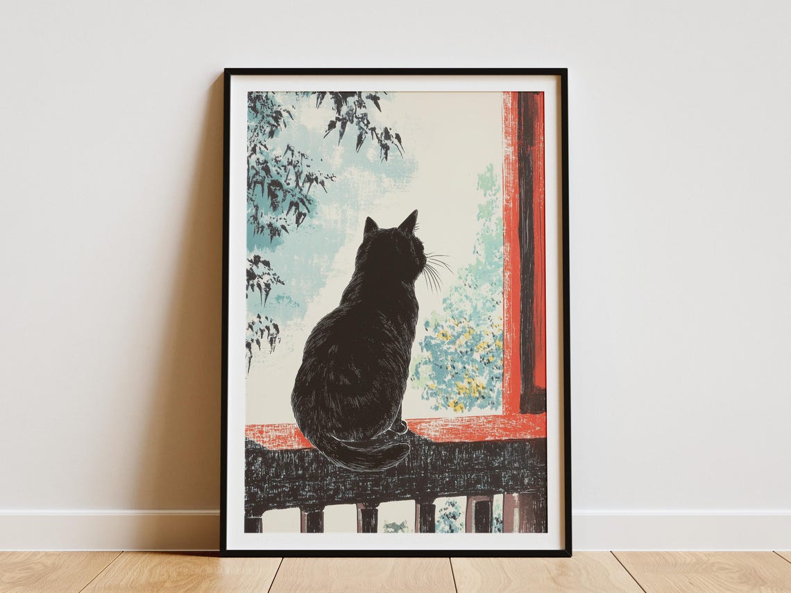 Black Cat Silhouette Gazing Out Window Japanese Woodcut Art Poster