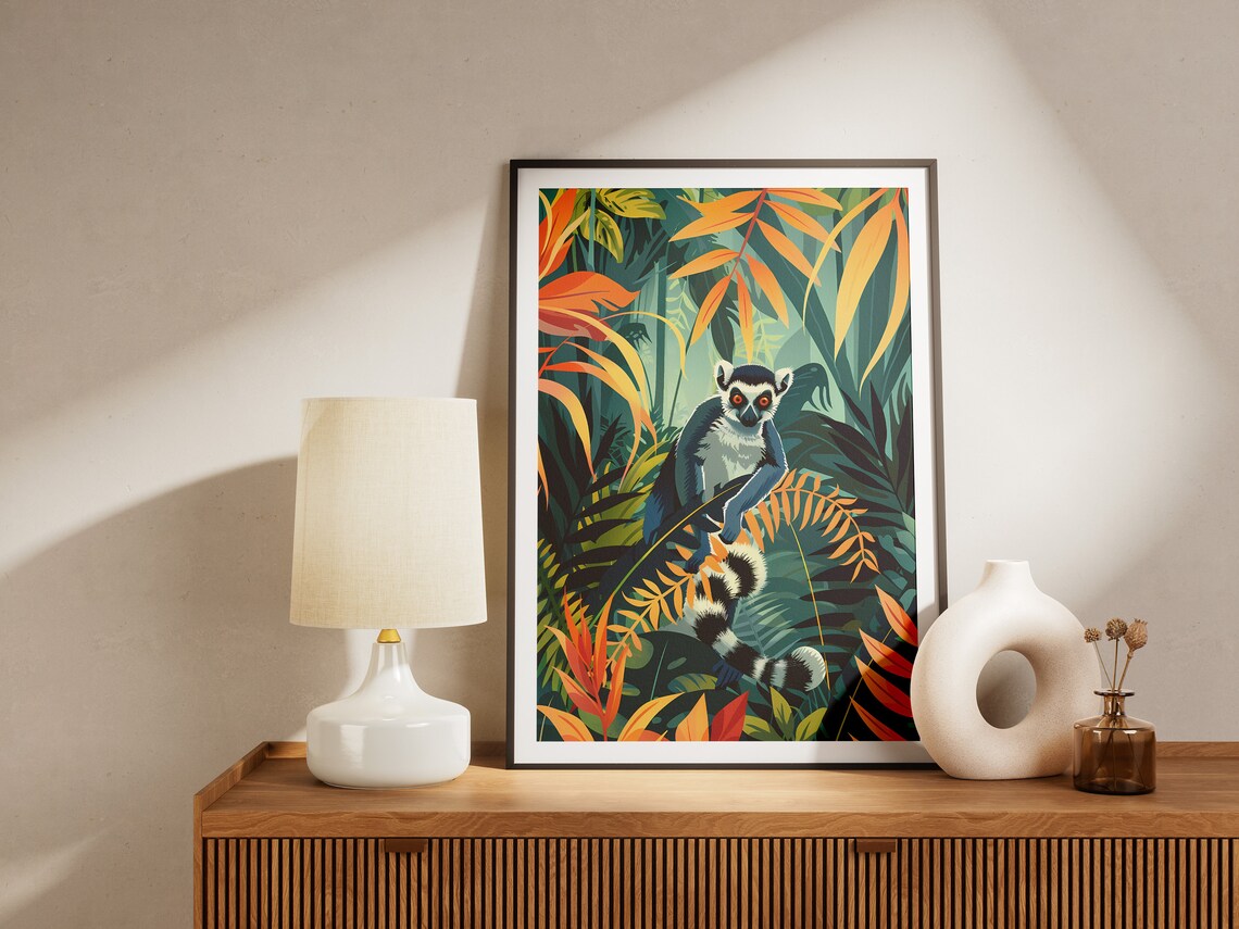 Ring Tailed Lemur Lush Foliage Tropical Jungle Wildlife Poster - Image 2