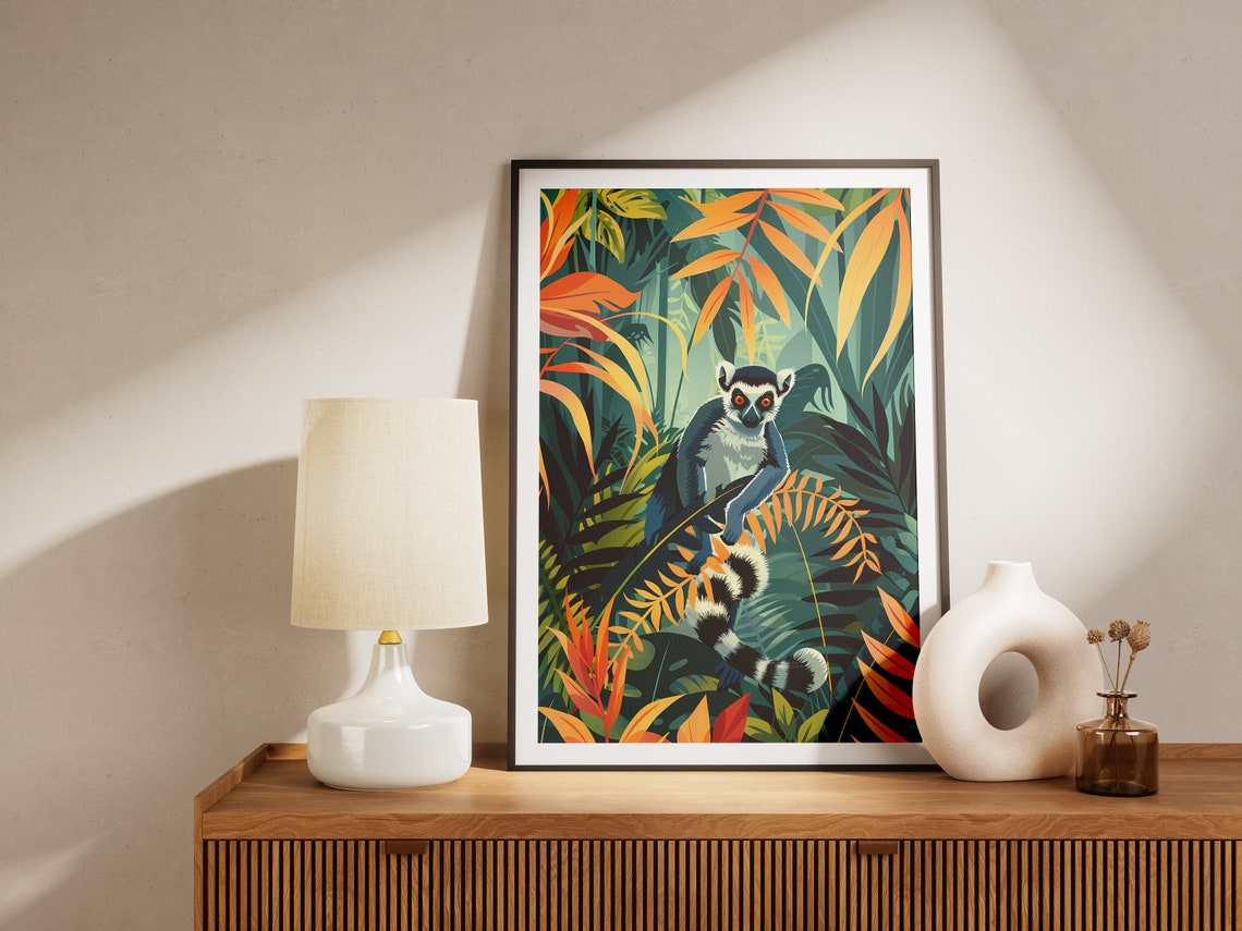 Tropical Jungle Lemur Poster Animal Print Wall Art Nature Decor Green Orange Jungle Leaf Print - Image 2