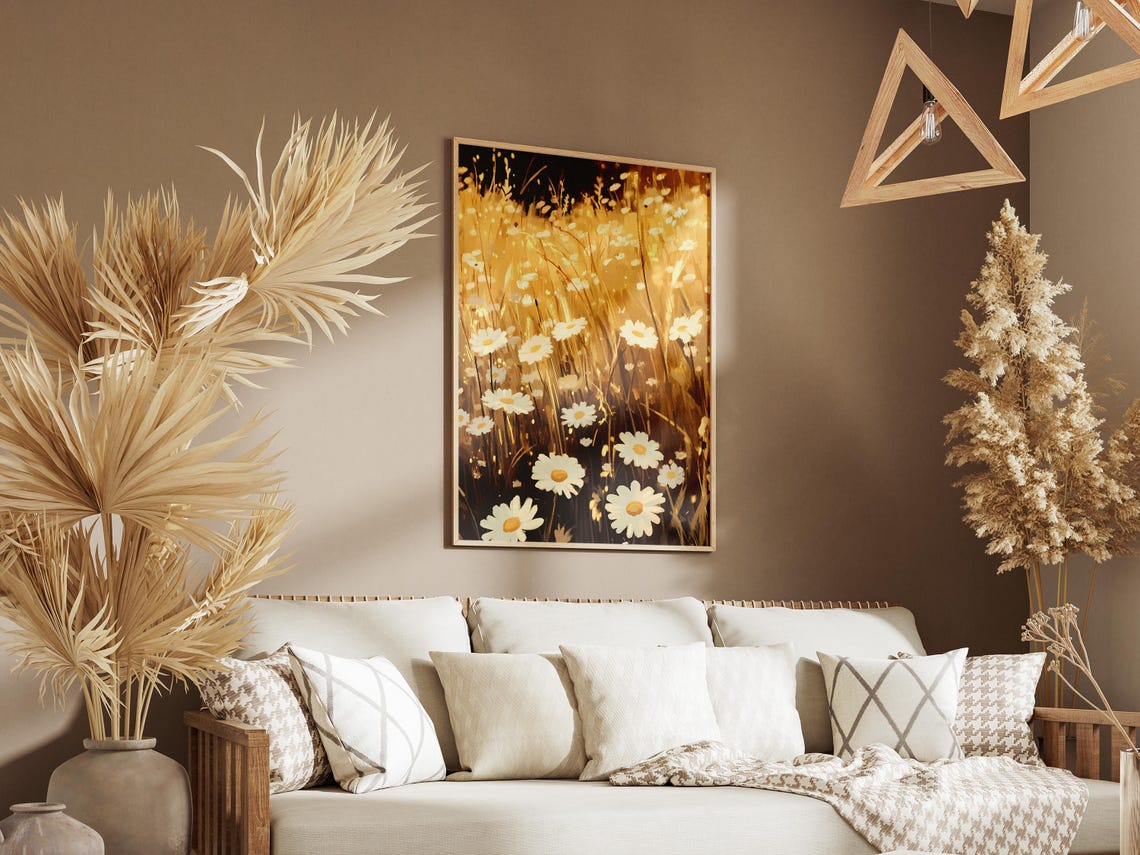 White Daisies in a Golden Wheat Field Poster With Warm Sunset Glow - Image 3
