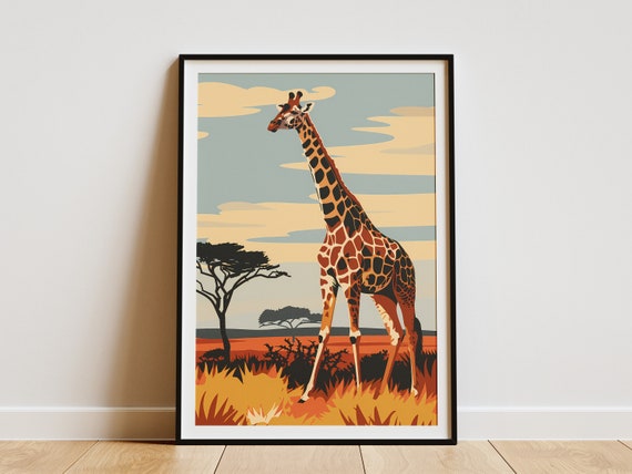Giraffe In African Savanna Poster Minimalist Animal Art Print Wildlife Wall Decor Nature Landscape Art