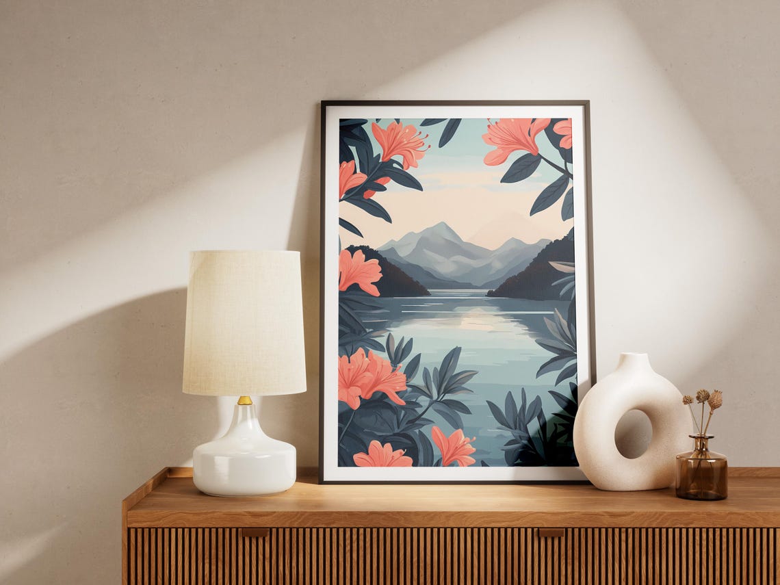 Rhododendron Framed Mountain Lake Botanical Landscape Art Poster - Image 4