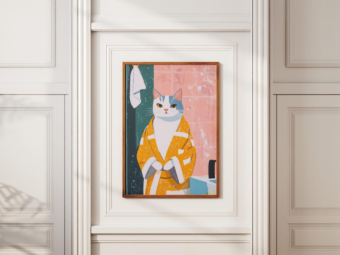 Turkish Van Cat Bathrobe Bathroom Art Print Funny Poster Whimsical Pet Portrait Lover Gift Wall Decor - Image 2
