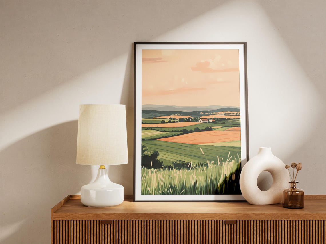 Rolling Green Farm Fields at Sunset in the Countryside Poster - Image 5