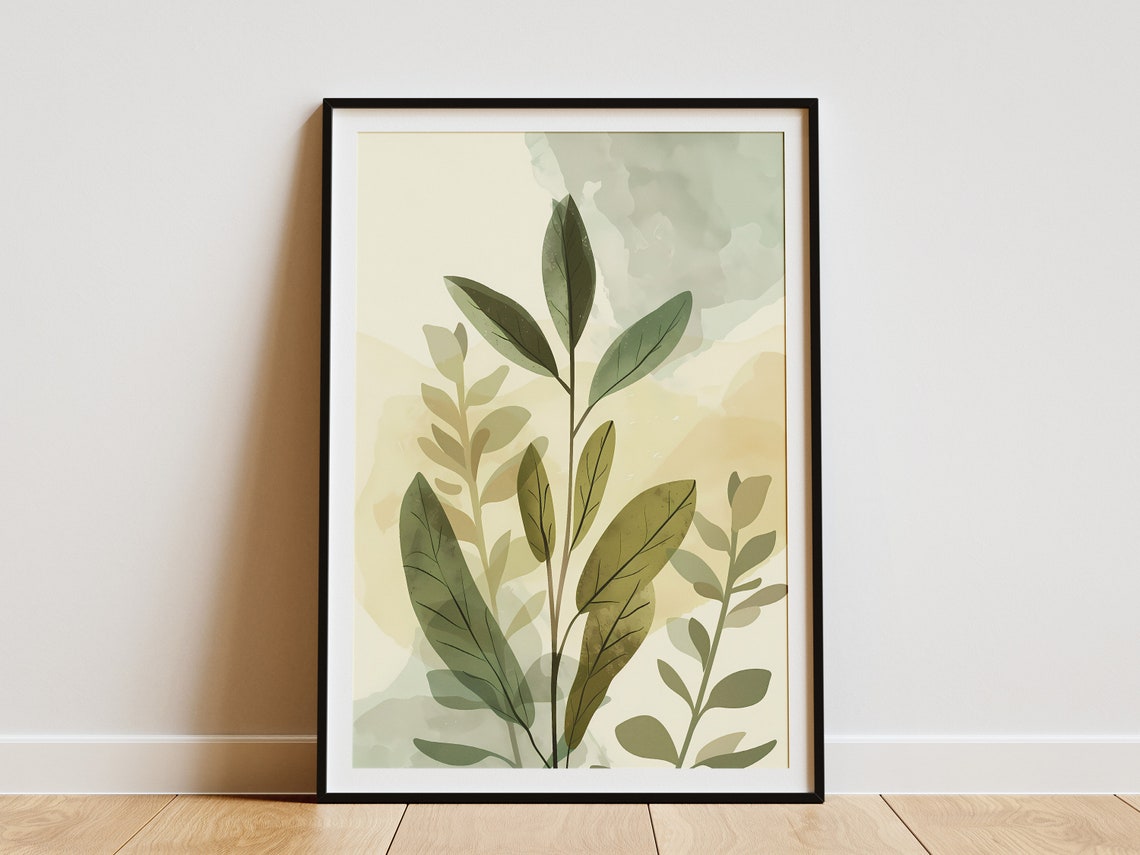 Serene Minimalist Botanical Watercolor Leaf Stems Cream Poster