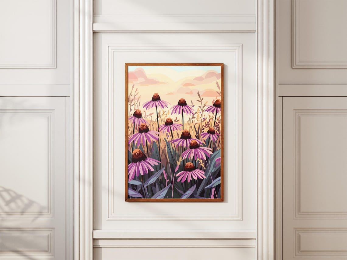 Purple Coneflower Echinacea Sunset Prairie Botanical Art Poster - Image 2