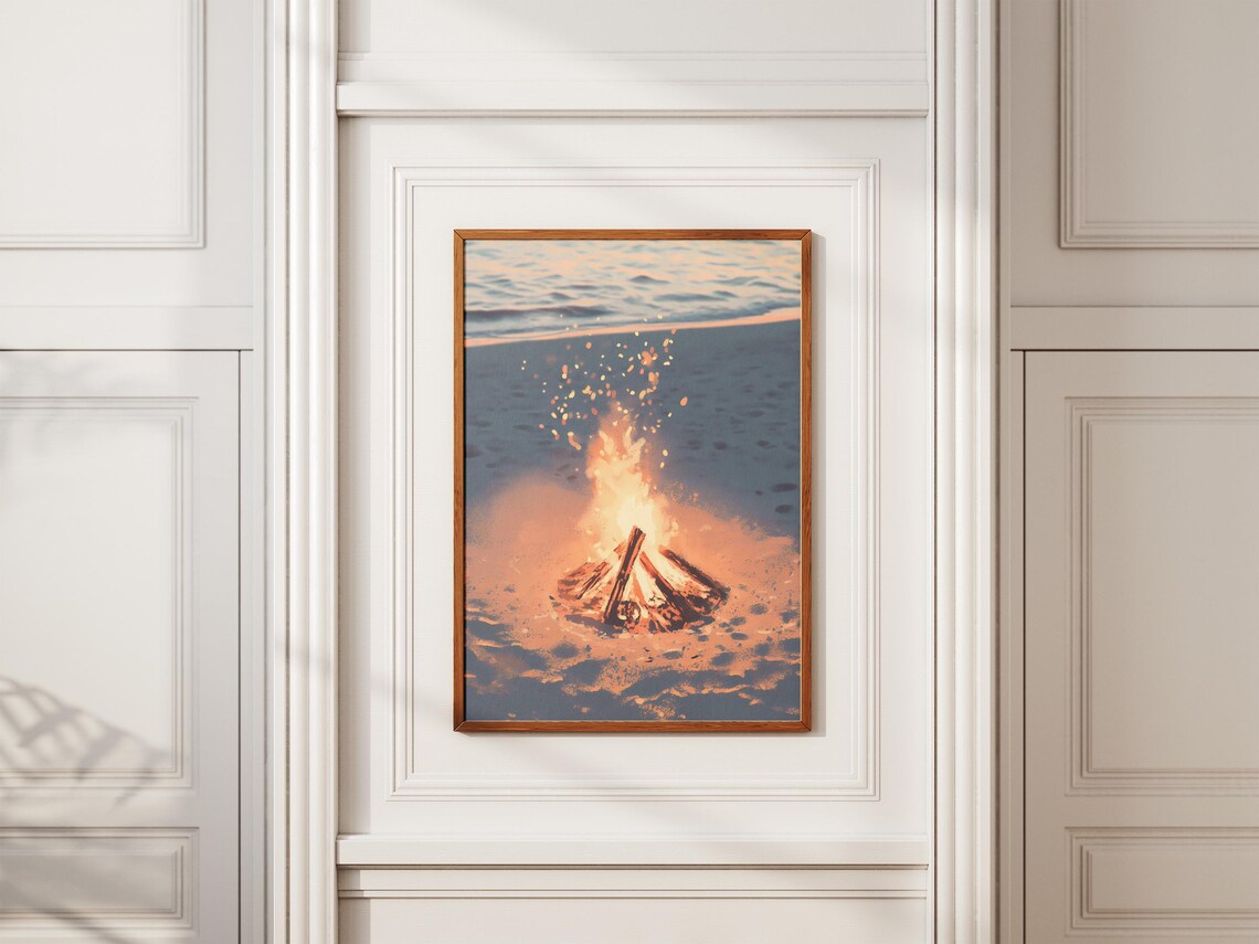 Beach Bonfire Glowing Warmly at Dusk by the Ocean Shore Poster - Image 2