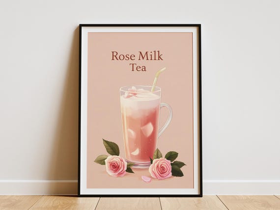 Rose Milk Tea Poster Drink Illustration Soft Pink Kawaii Cute Food Beverage Wall Art Print Home Decor